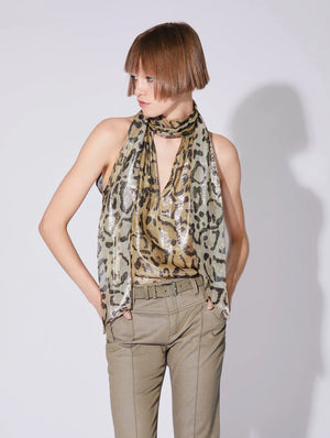BARBARA BUI Bengal print silk and lurex pussybow top