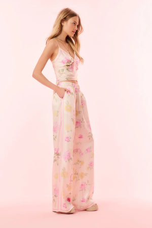 LOVESHACKFANCY Helia Satin Floral Wide Leg Pant