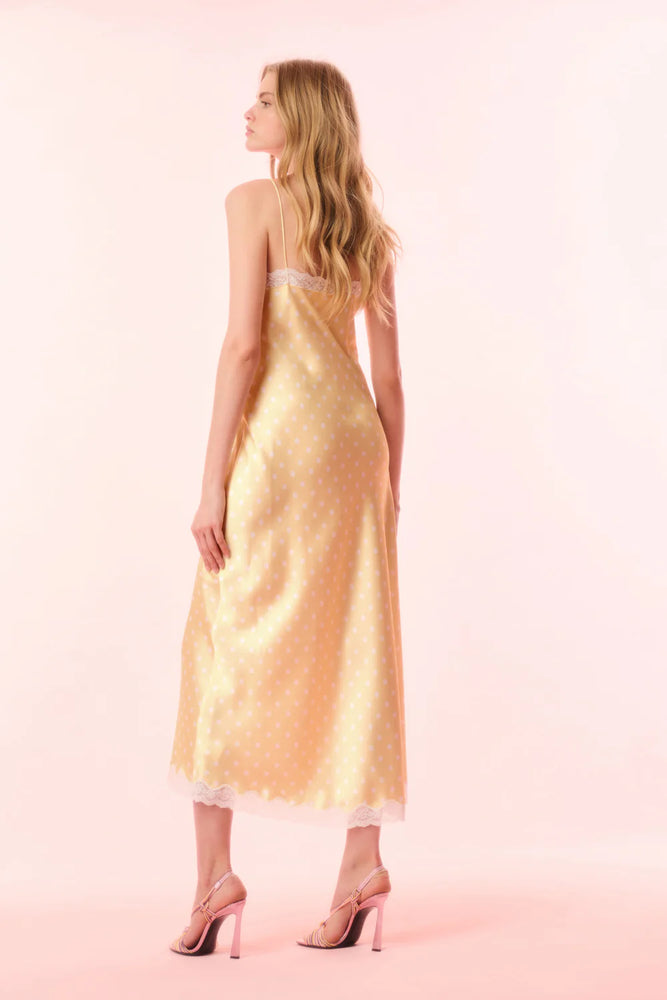 LOVESHACKFANCY Manuela Satin Polkadot Maxi Slip Dress