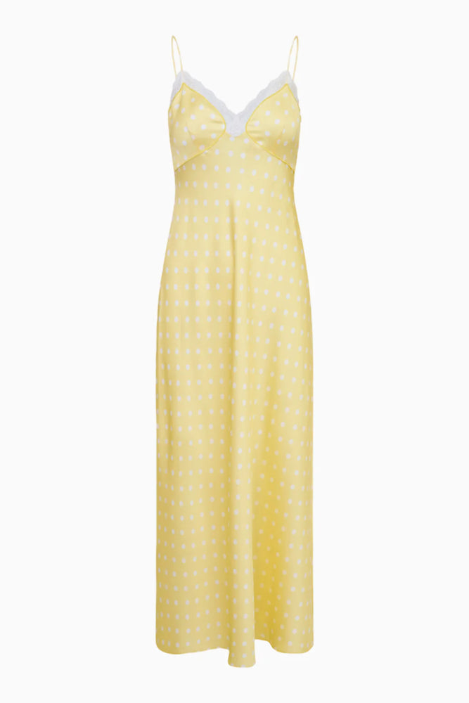 LOVESHACKFANCY Manuela Satin Polkadot Maxi Slip Dress