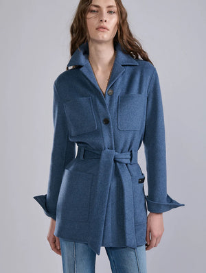 BARBARA BUI Belted jacket in double-faced sand wool-cashmere in Denim blue
