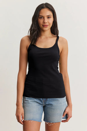 VELVET aliza ribbed cotton layering tank in Black