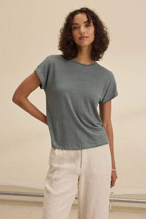 VELVET Jasmine Linen Knit Short Sleeve Tee in Graphite
