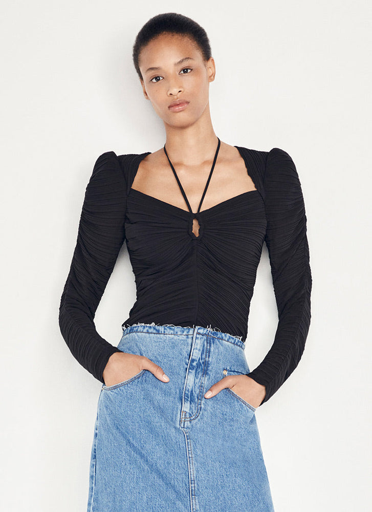 FRAME Gathered keyhole tie neck top